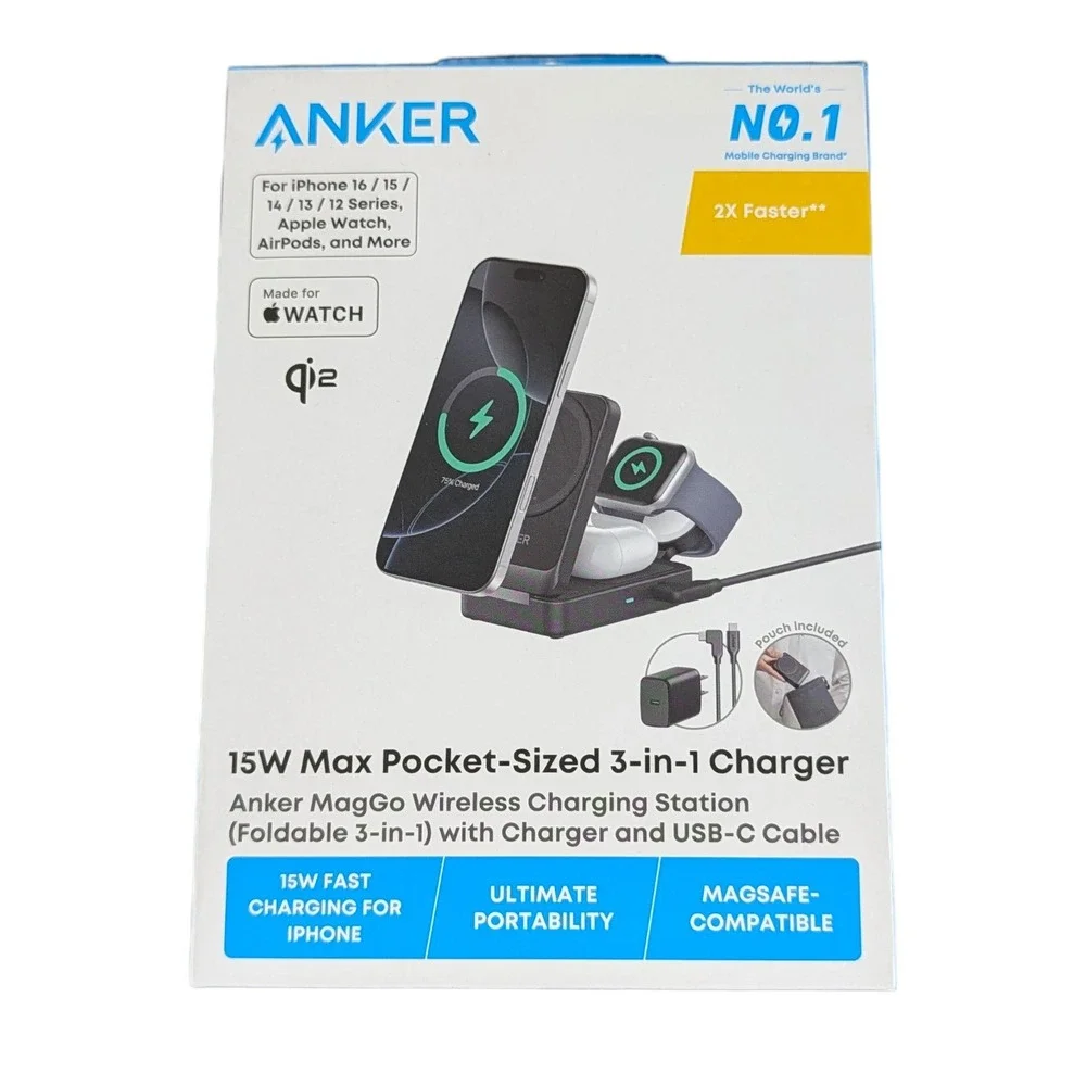 Cc6N Anker MagGo 15W Pocket-Sized 3-in-1 Magsafe Charger for iPhone 16 15 iWatch